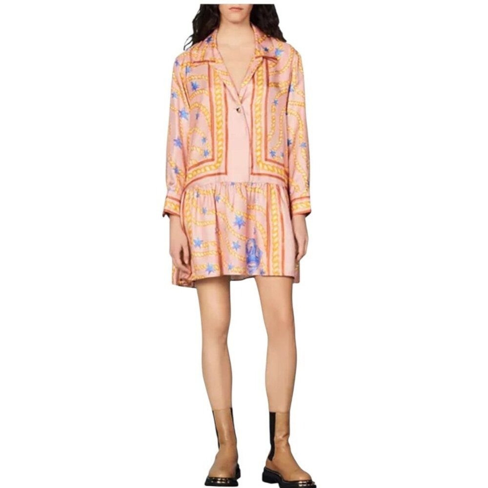 Sandro Paris Silk Mini Dress 36 S Pink Chain Print Drop Waist NWT